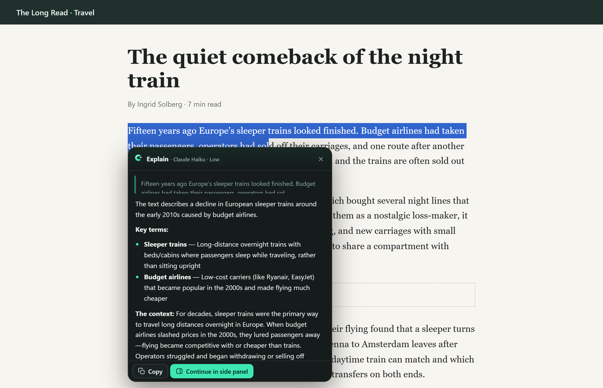 Selection toolbar answer card